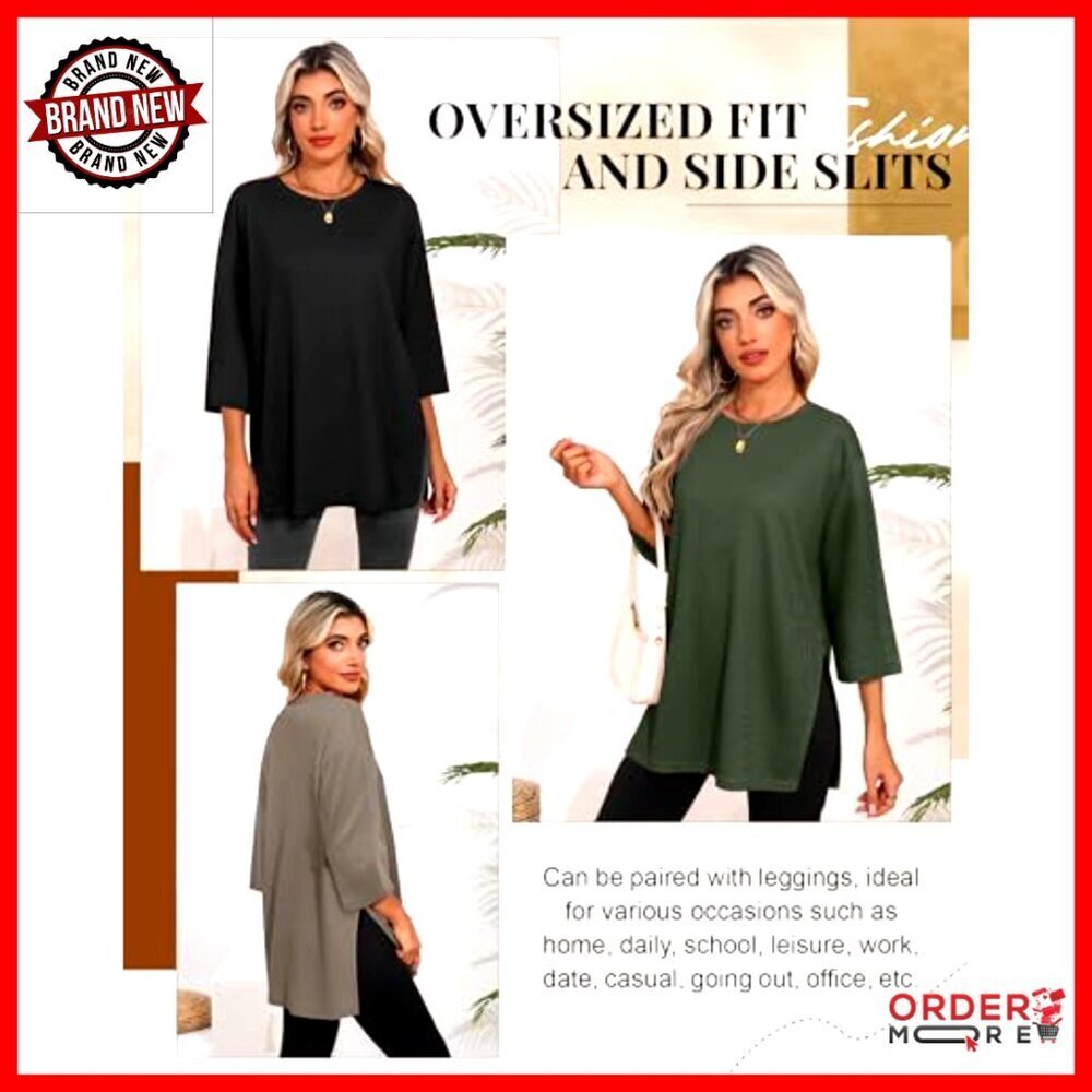 3 Pack Women's Oversized Waffle Knit 3/4 Sleeve Crewneck T-Shirts Loose Fit - Picture 3 of 7